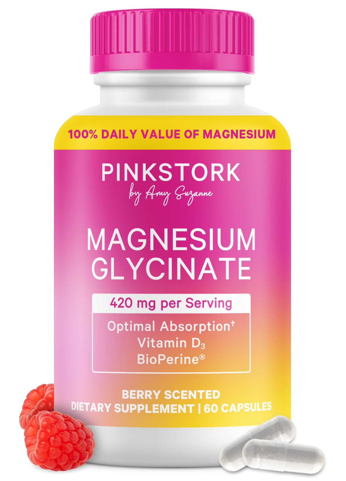 Pink Stork Magnesium Glycinate bottle with berry essence promotes daily calm.