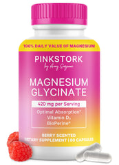 Pink Stork Magnesium Glycinate bottle with berry essence promotes daily calm.