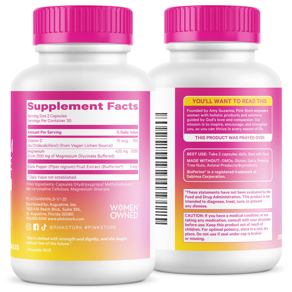 Pink Stork bottle and capsules on desk imply convenient daily use.