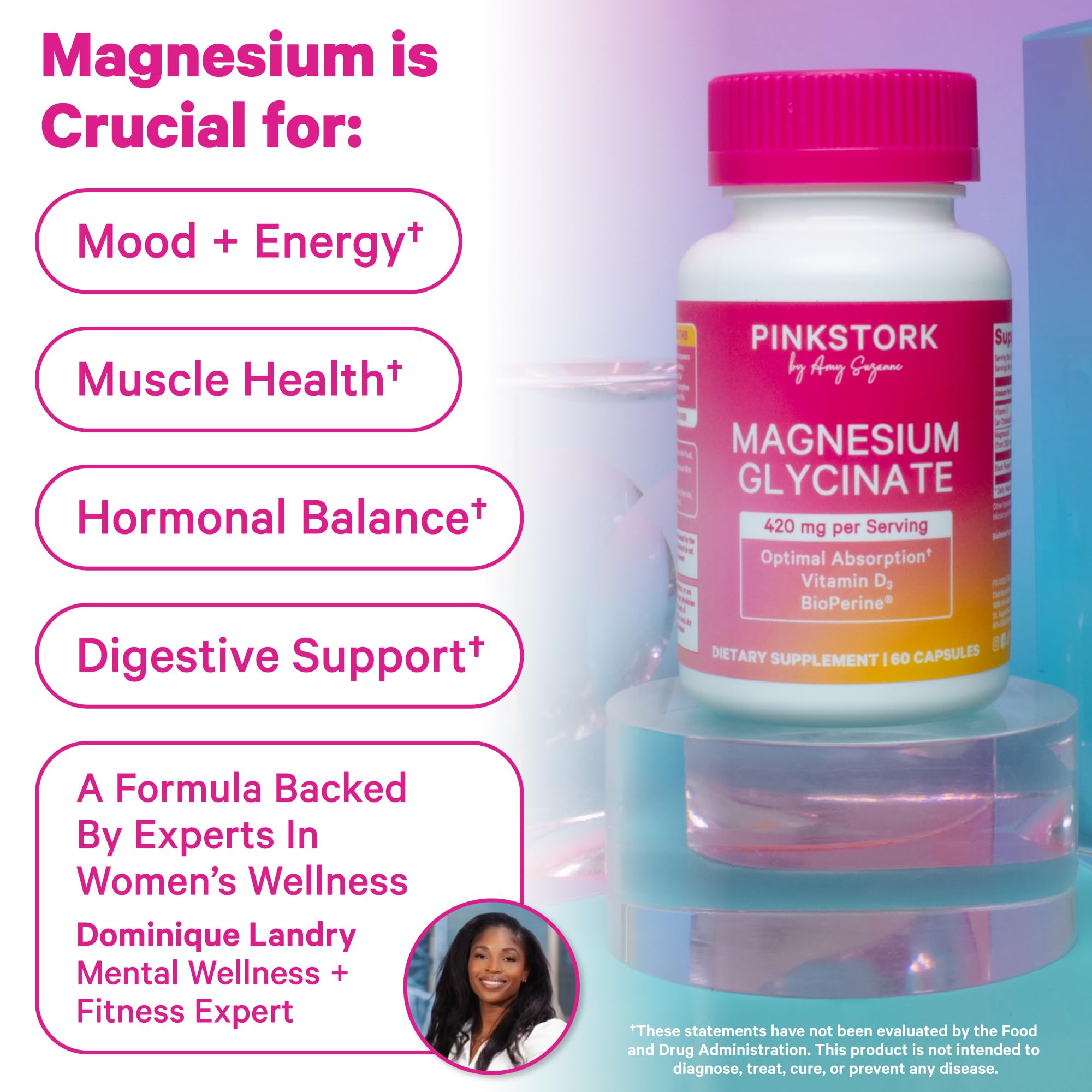 Pink Stork magnesium glycinate package highlights 60 capsules for daily use.