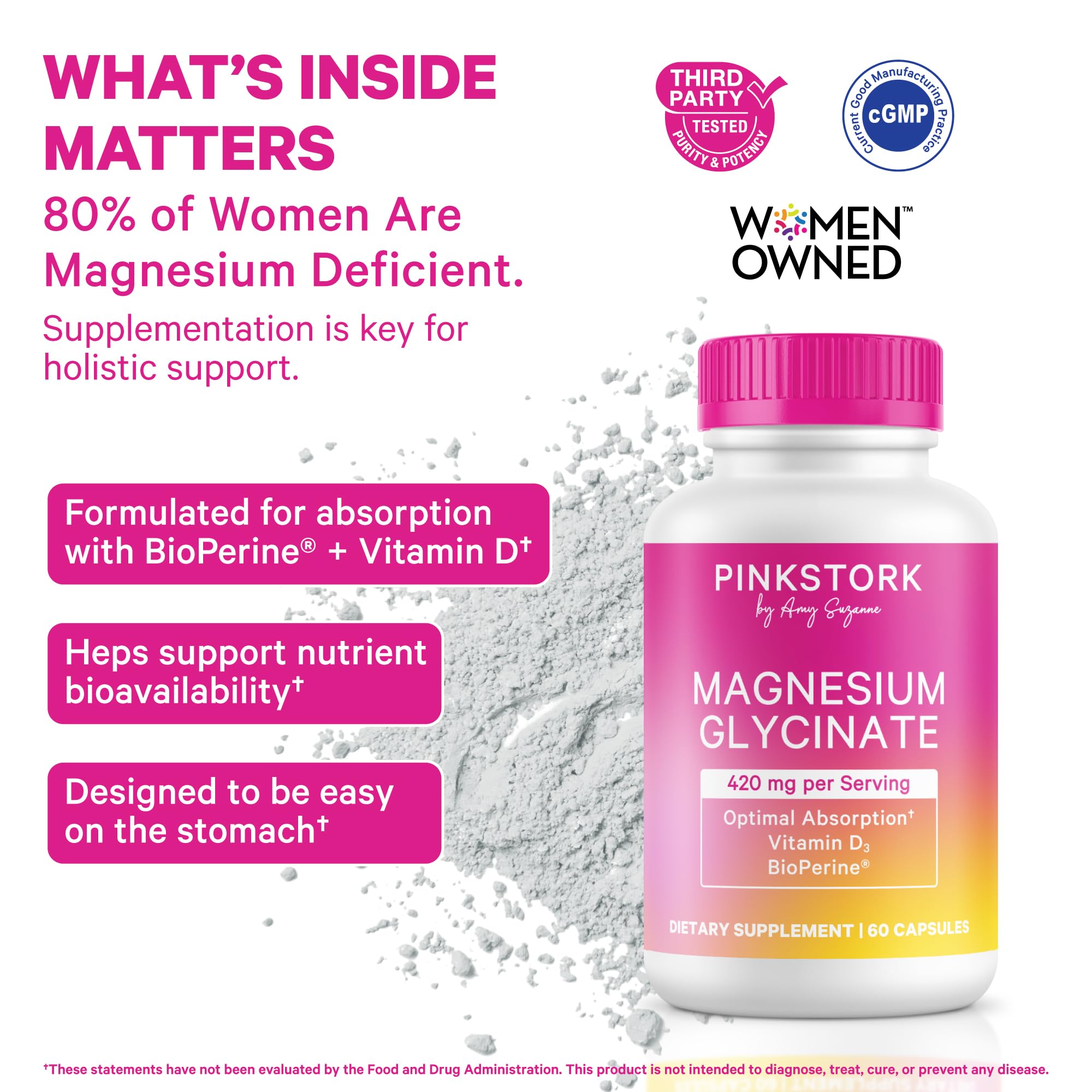 Pink Stork Magnesium Glycinate capsules closeup highlighting high absorption