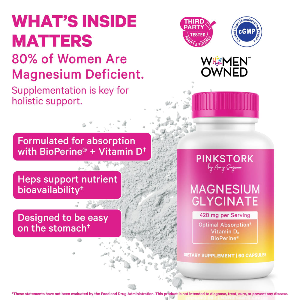 Pink Stork Magnesium Glycinate capsules closeup highlighting high absorption
