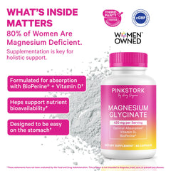 Pink Stork Magnesium Glycinate capsules closeup highlighting high absorption