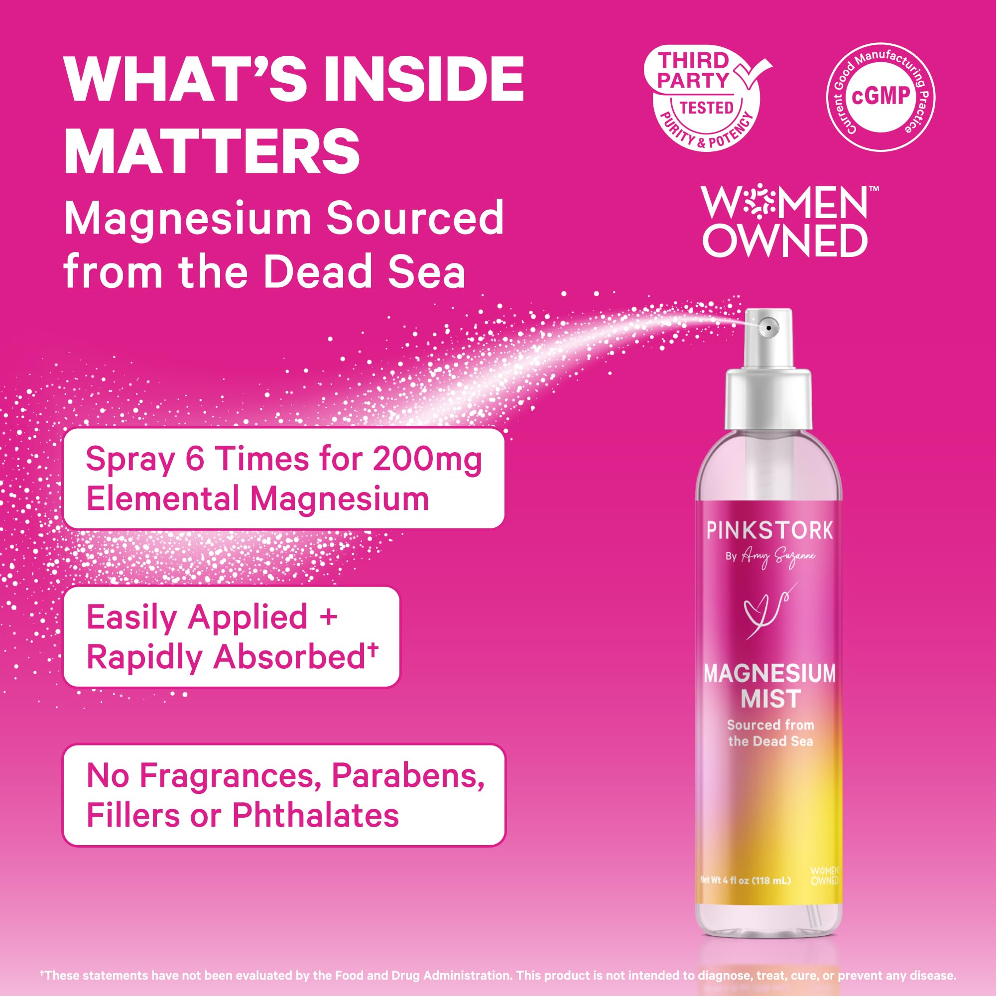 Pink Stork Magnesium Spray Mist applied to the sole of the foot for fast absorption