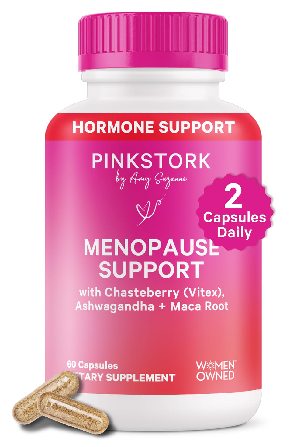 Pink Stork Menopause Support bottle front with vegan capsules for hormone-free relief