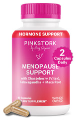Pink Stork Menopause Support bottle front with vegan capsules for hormone-free relief