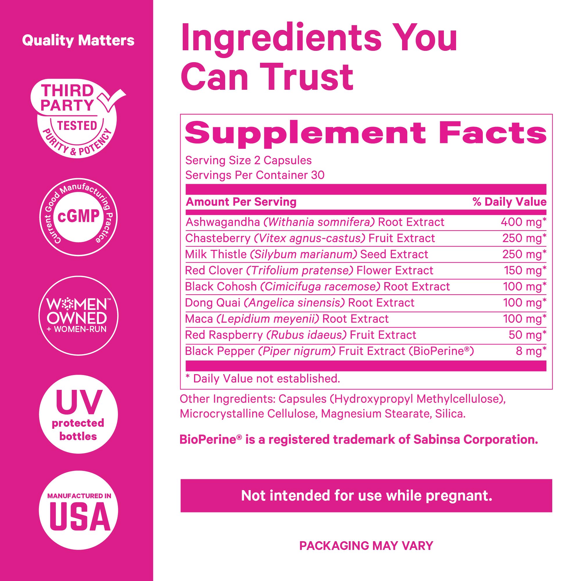 Bottle with spoon showing convenient measurement for Pink Stork Menopause Support