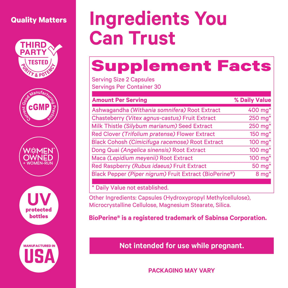 Bottle with spoon showing convenient measurement for Pink Stork Menopause Support