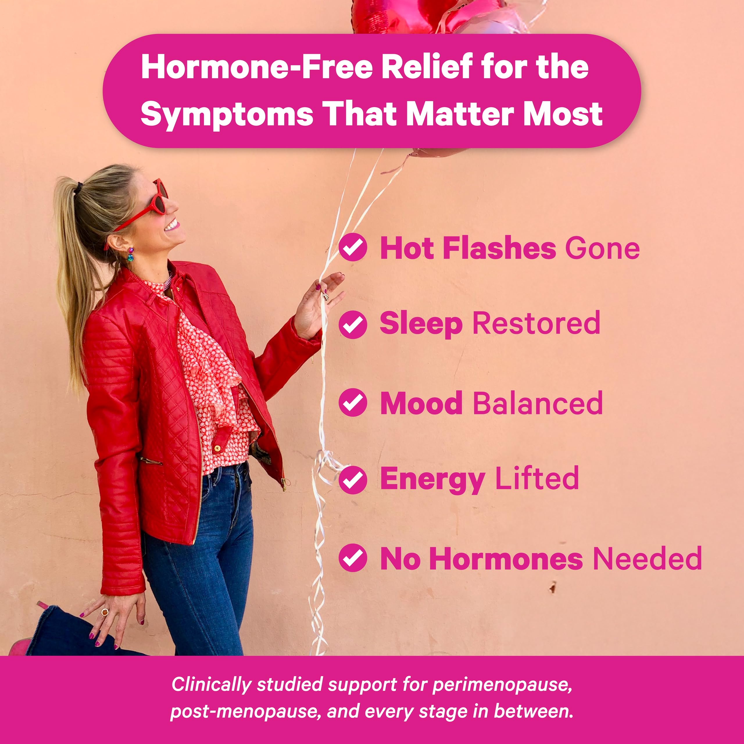 Pink Stork Menopause Support label details emphasizing clean, estrogen-free botanicals