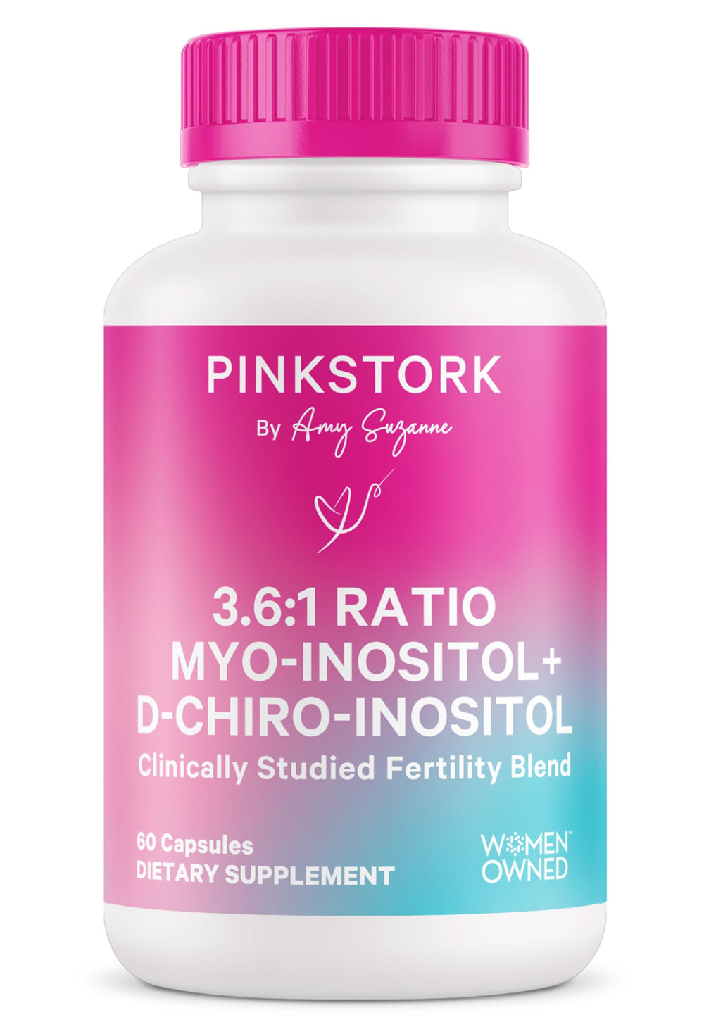 Pink Stork Myo-Inositol & D-Chiro Inositol bottle highlighting the 3.6:1 balance for hormone support