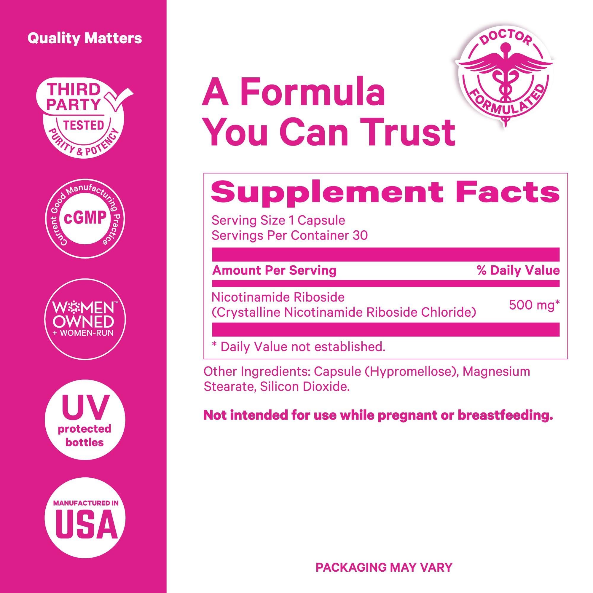 Pink Stork NAD+ third-party testing seal confirms quality and purity