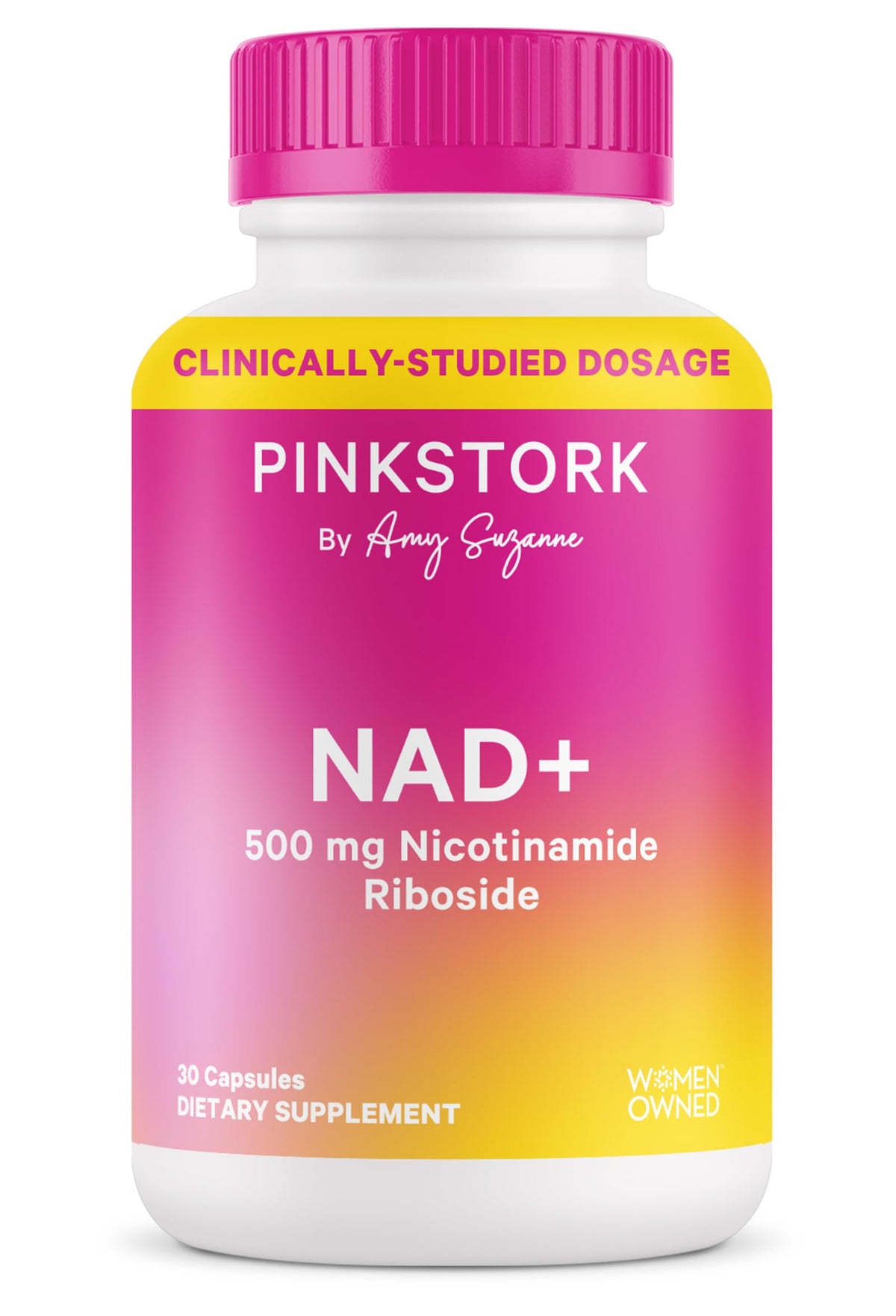 Pink Stork NAD+ bottle front view shows energy support for women