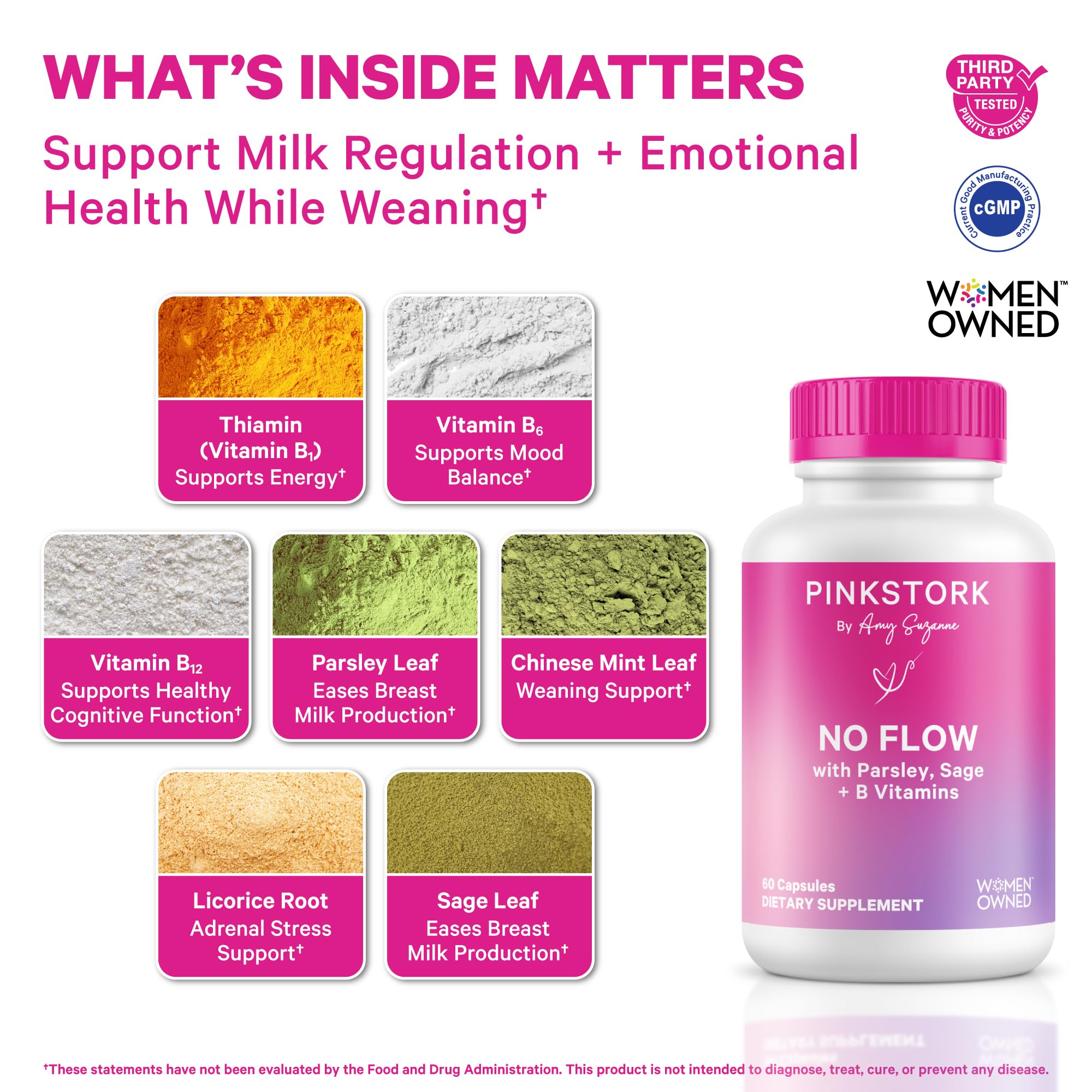 Pink Stork No Flow capsules close-up showing herbal supplement for lactation reduction.