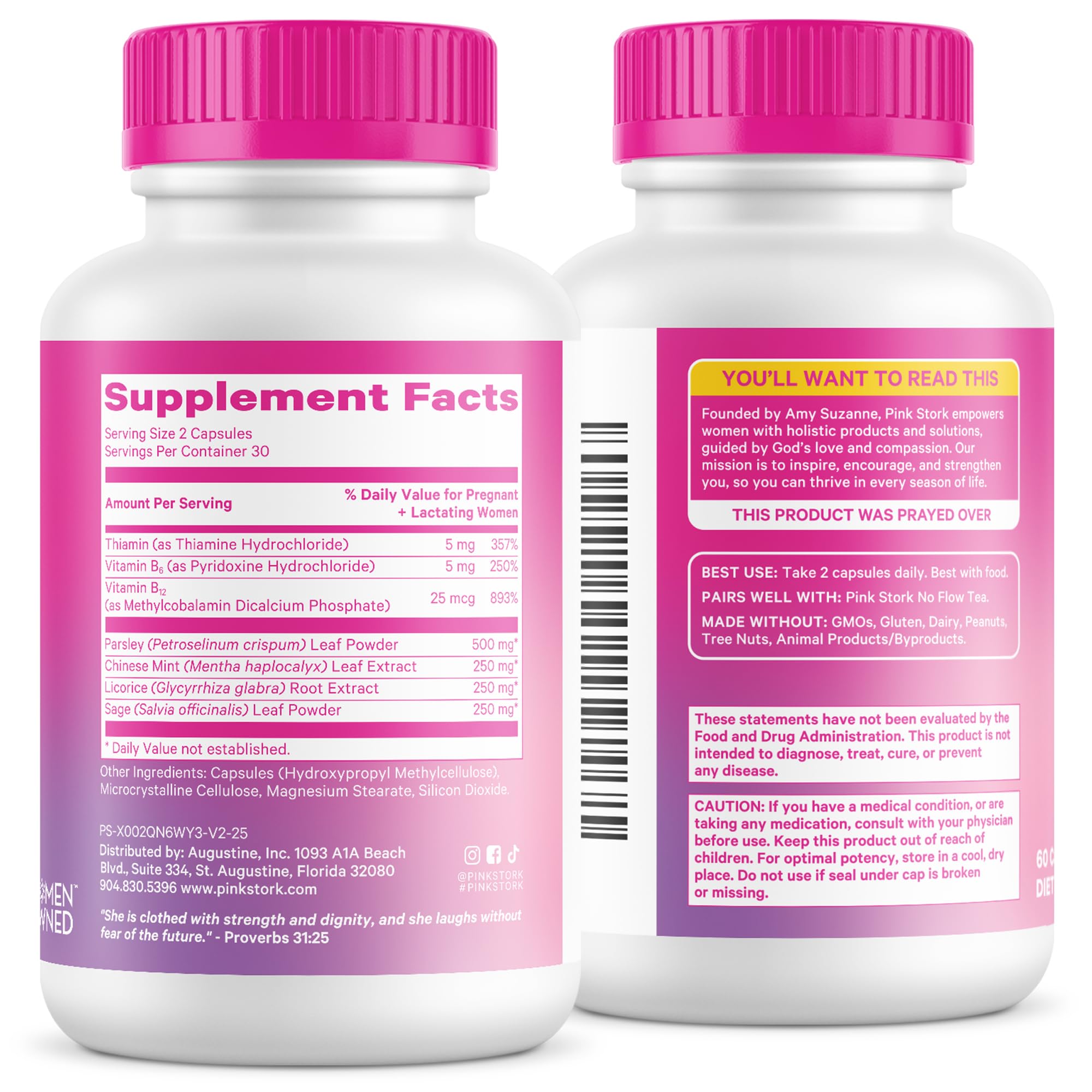 Pink Stork No Flow free from GMO, gluten, soy, and dairy with clear labeling.