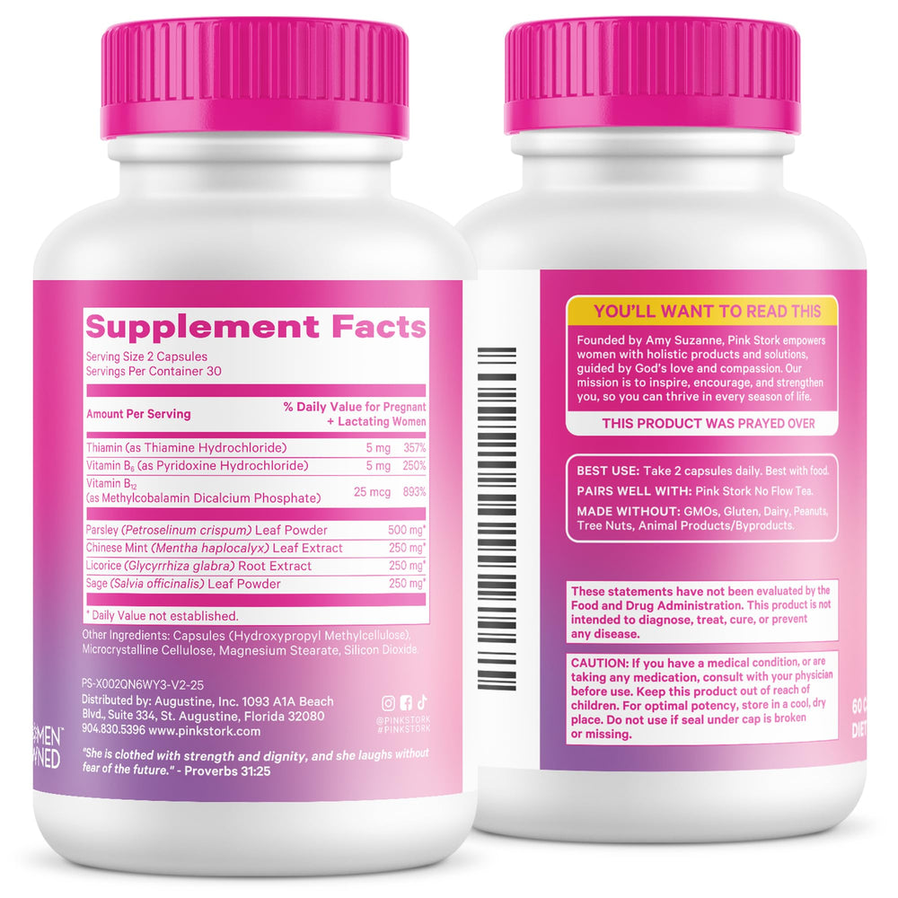 Pink Stork No Flow free from GMO, gluten, soy, and dairy with clear labeling.