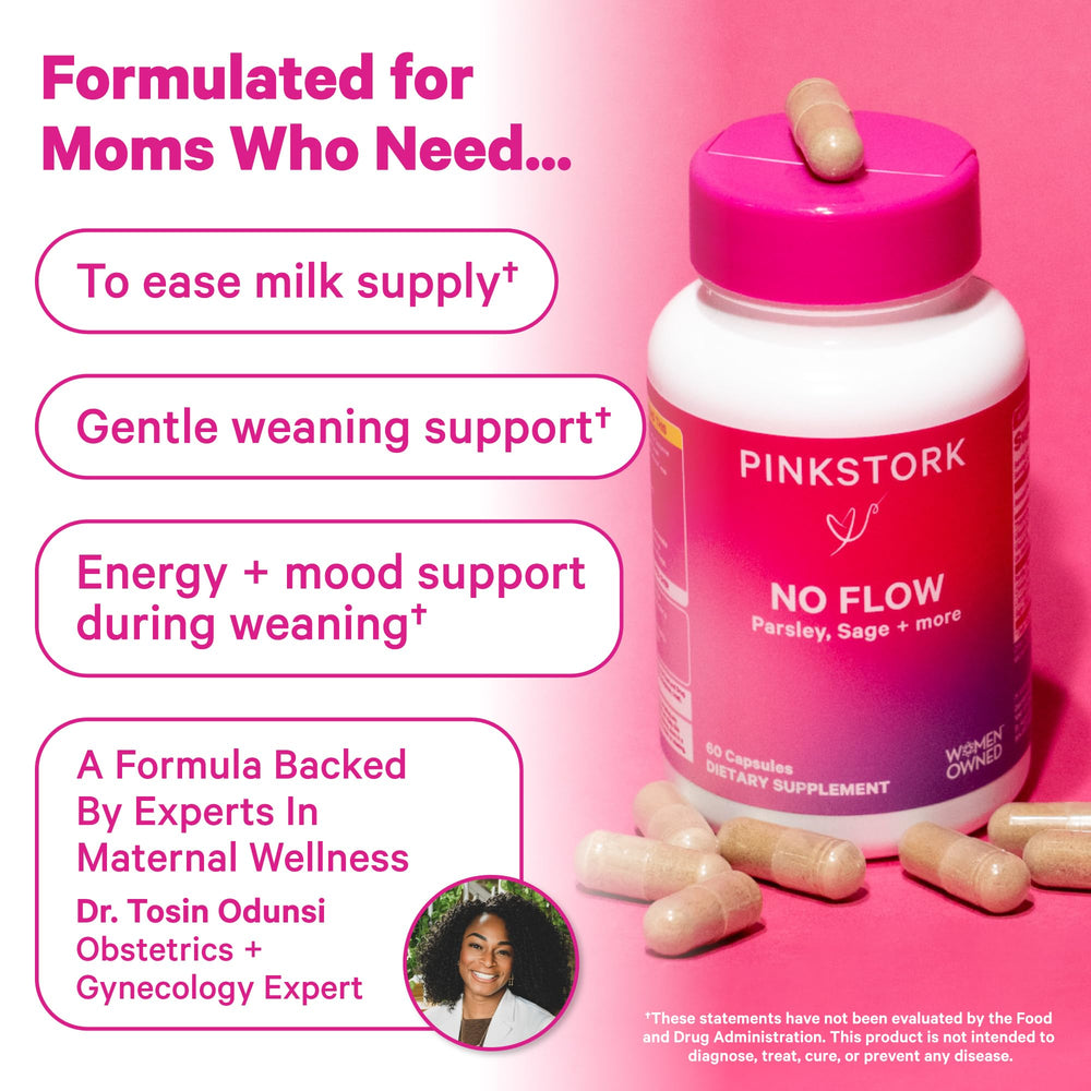 Pink Stork No Flow label front emphasizing natural ingredients and postnatal support.