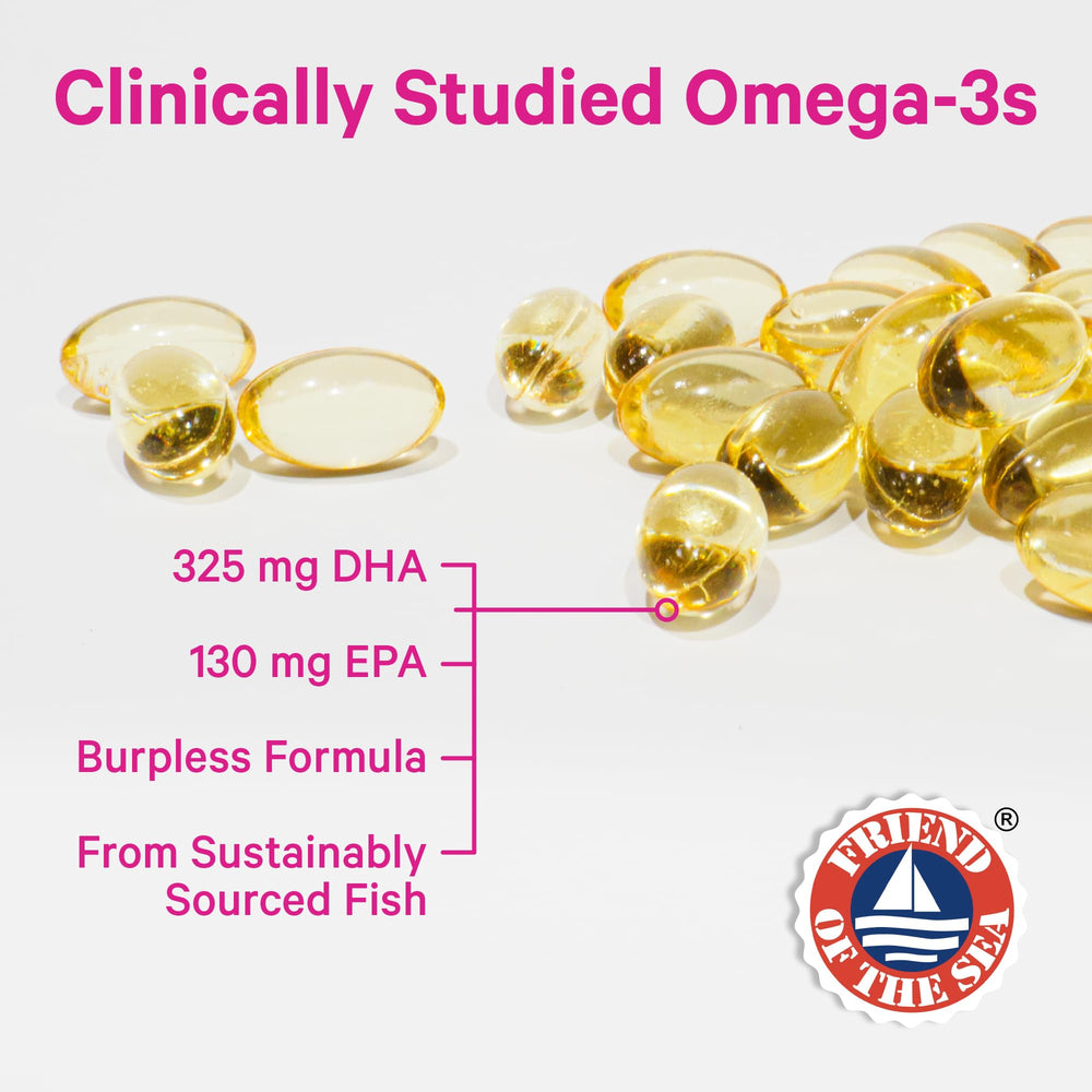 Closeup of Pink Stork Omega-3 DHA capsules highlighting DHA and EPA content for pregnancy.