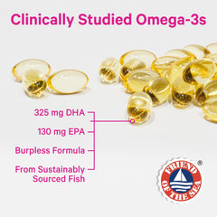 Closeup of Pink Stork Omega-3 DHA capsules highlighting DHA and EPA content for pregnancy.