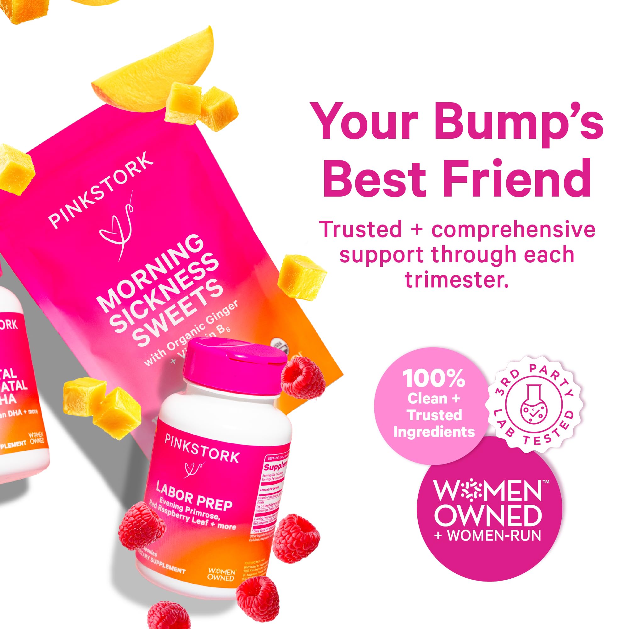 Pink Stork Omega-3 DHA postpartum bottle representing postnatal wellness.