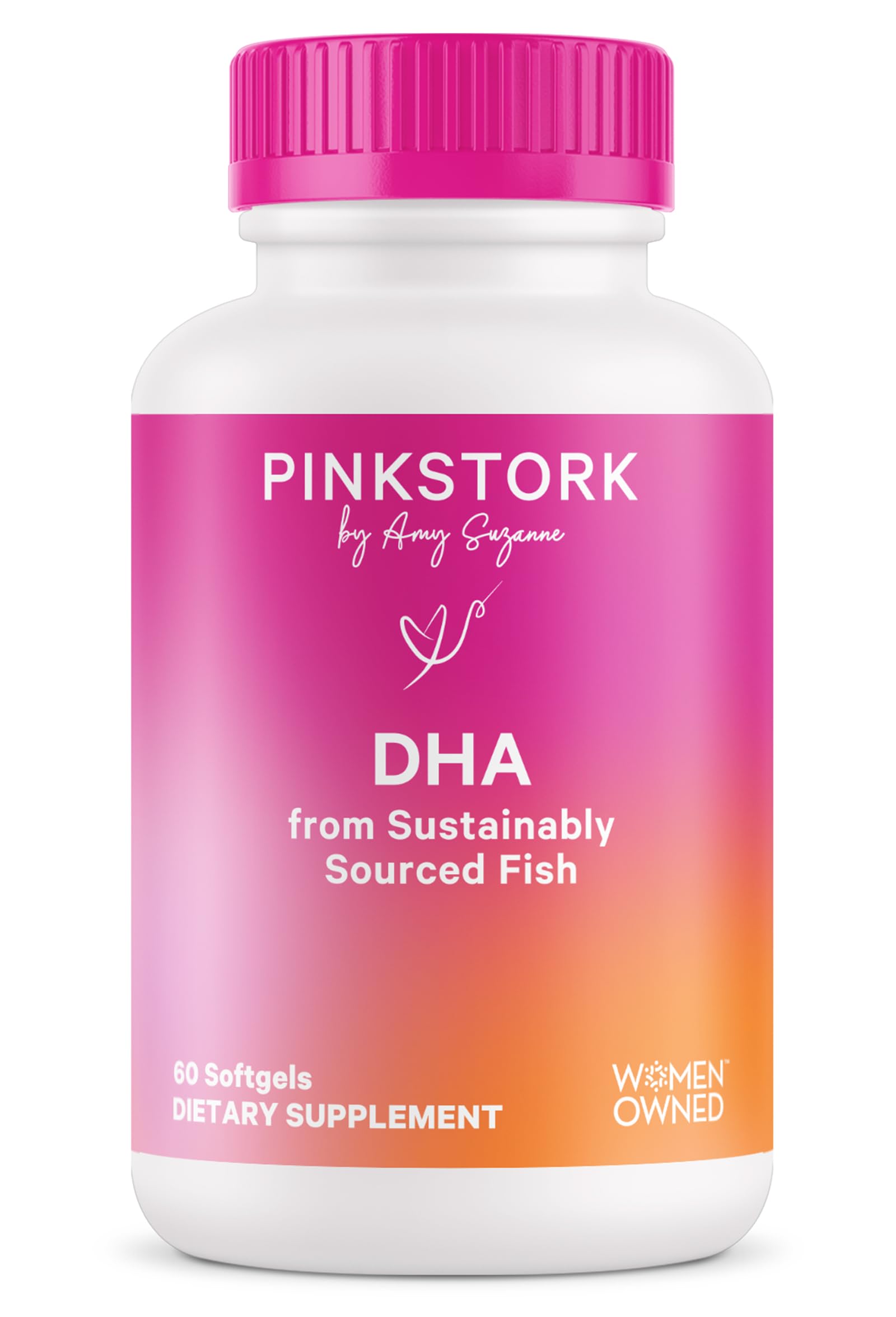 Pink Stork Omega-3 DHA softgel bottle shown for prenatal support and baby brain development.