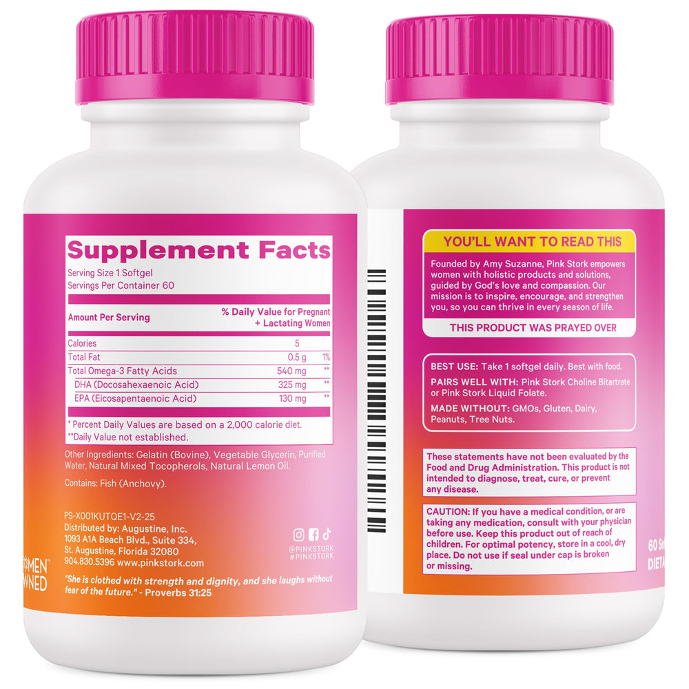 Pink Stork Omega-3 DHA with prenatal vitamins pairing for a daily routine.