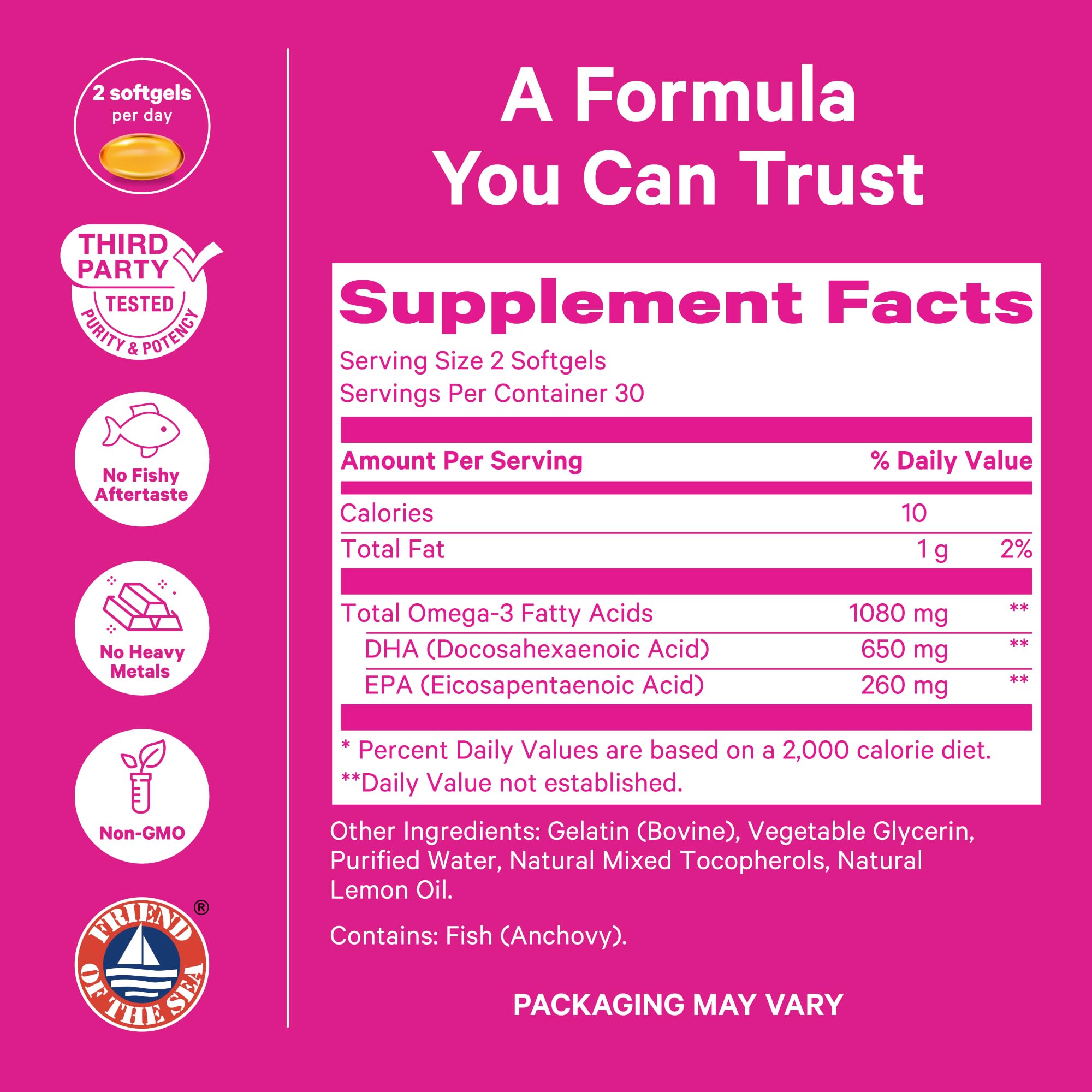 Berry-scented Pink Stork Omega-3 softgel hints at pleasant taste and minimal aftertaste.