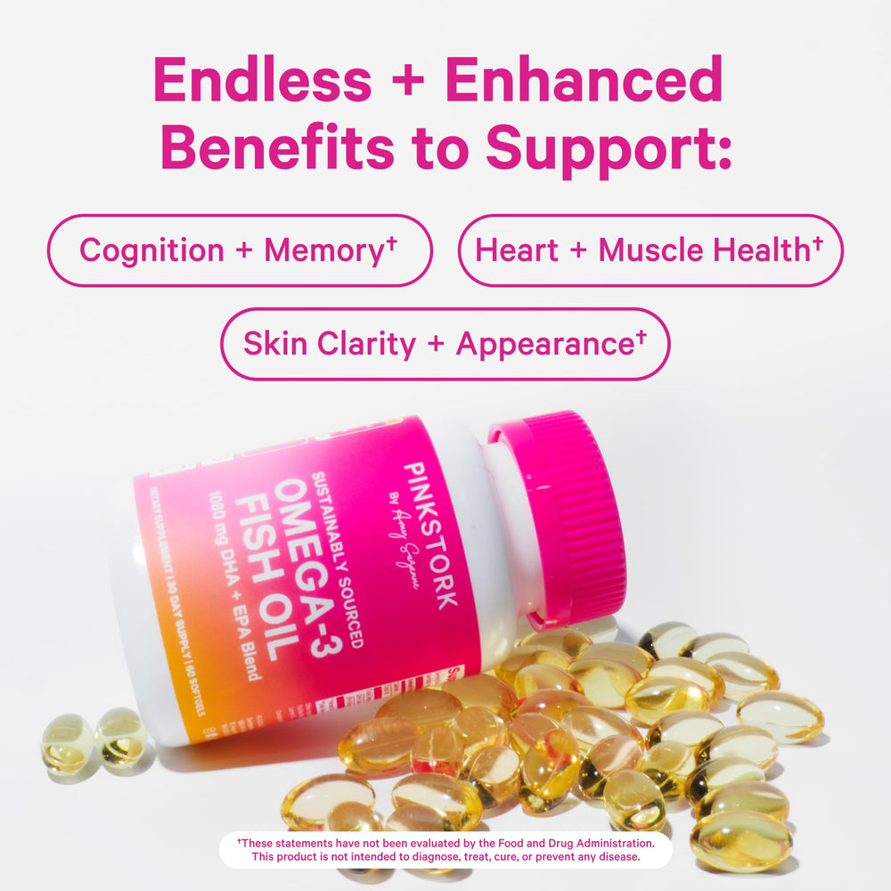 Pink Stork Omega-3 shows 650 mg DHA and 260 mg EPA per dose for cognitive health.