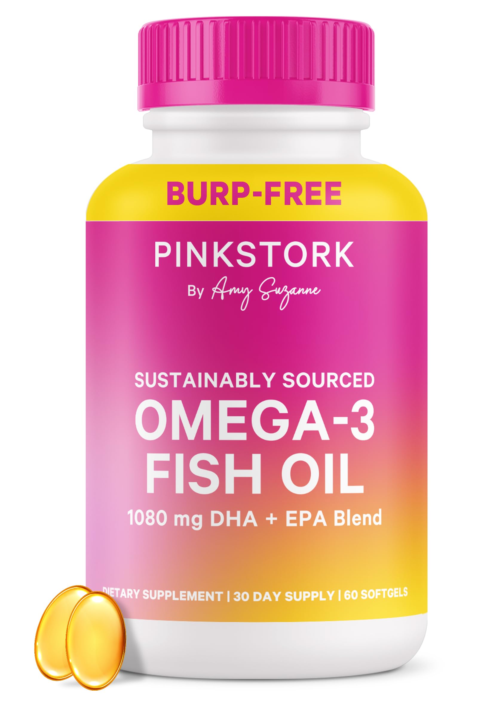 Pink Stork Omega-3 softgels bottle with burpless formula for daily brain and mood support.