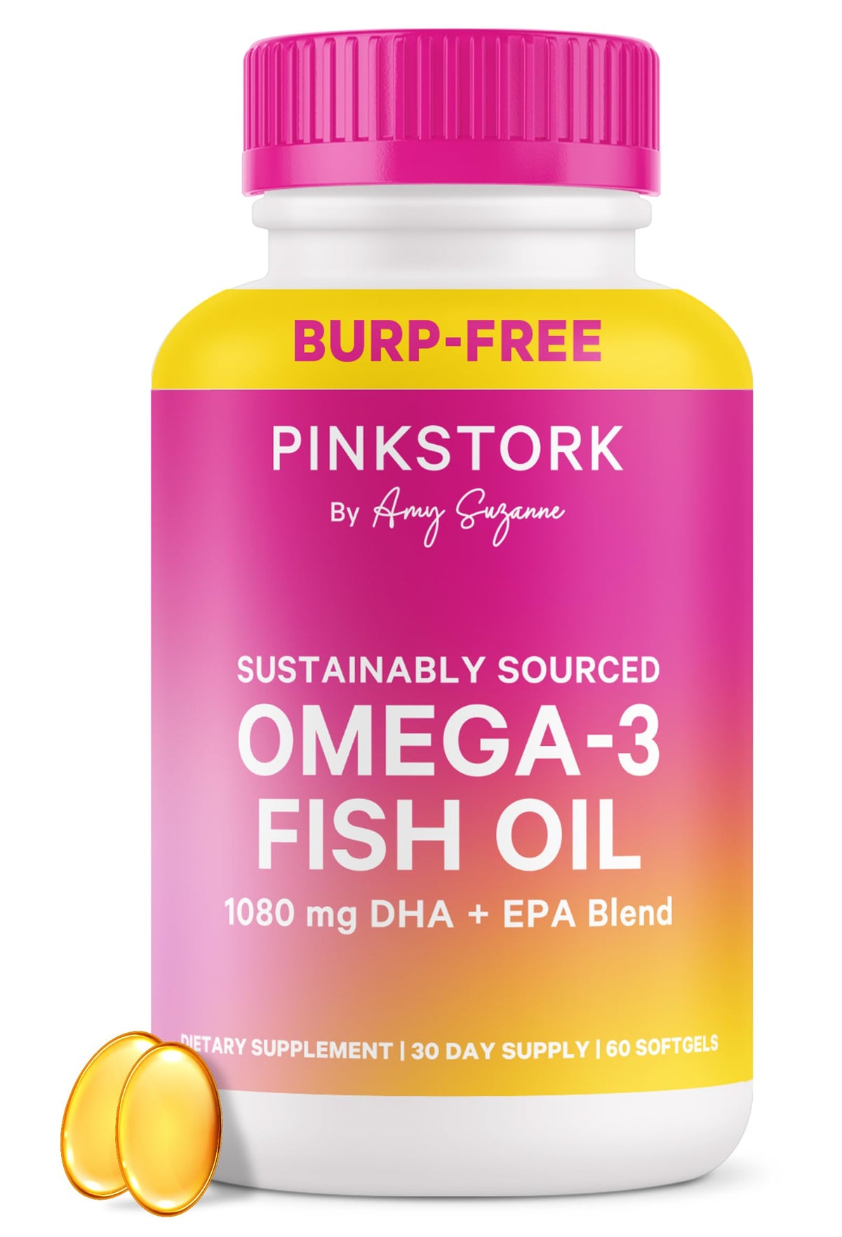 Pink Stork Omega-3 softgels bottle with burpless formula for daily brain and mood support.