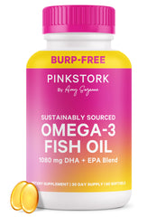 Pink Stork Omega-3 softgels bottle with burpless formula for daily brain and mood support.