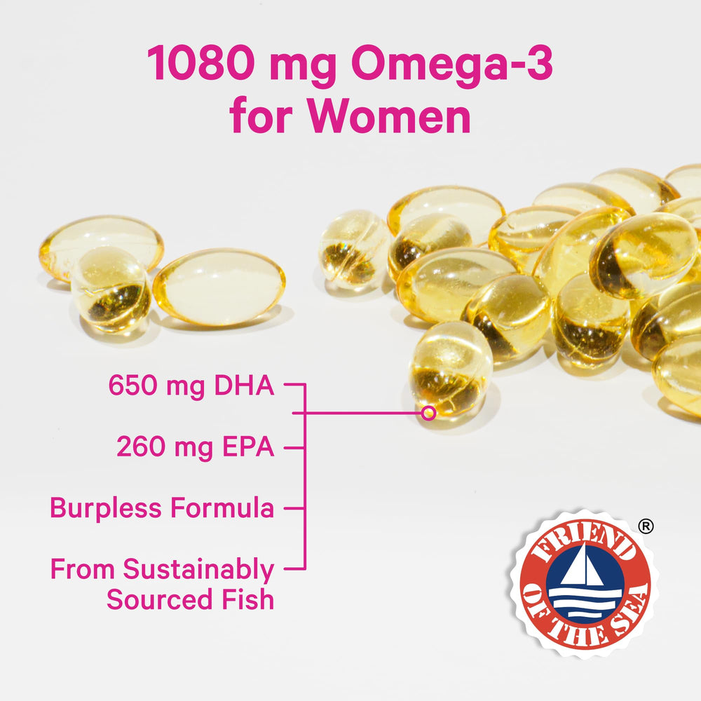 Closeup of Pink Stork Omega-3 softgels highlighting burpless formula and smooth texture.