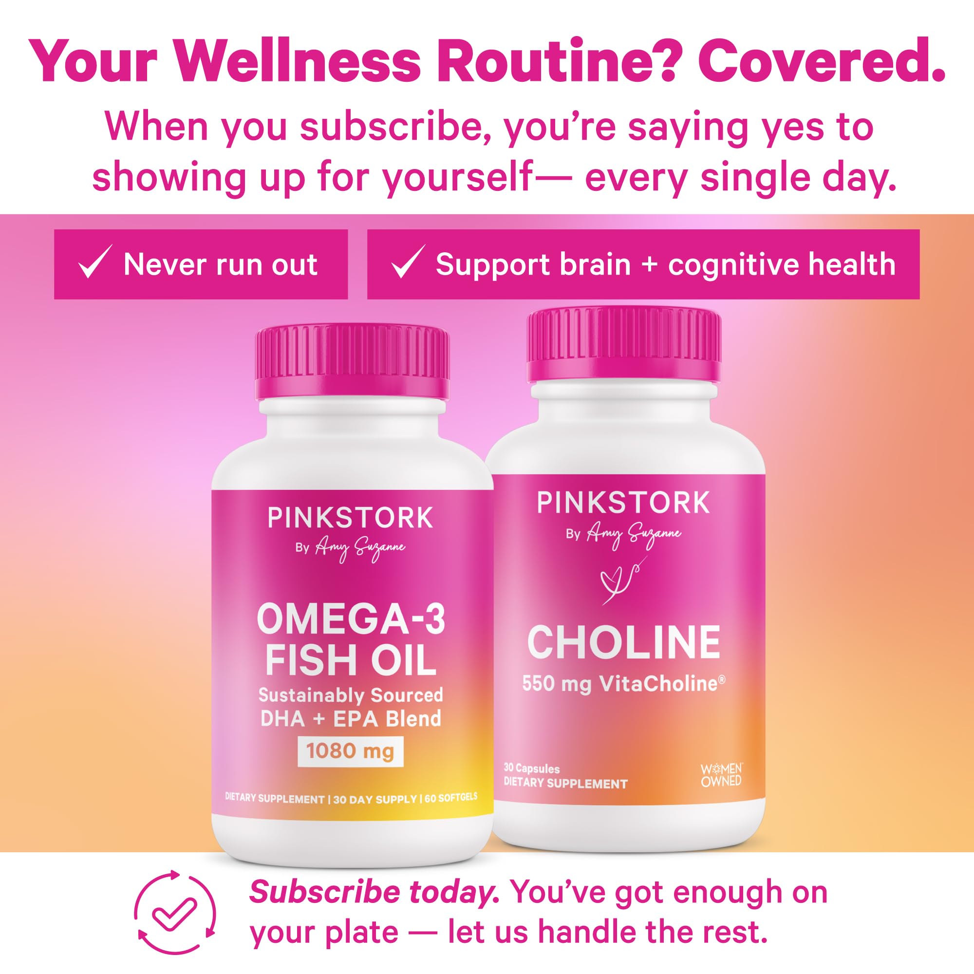 Women-owned Pink Stork brand promoting holistic wellness with Omega-3 for daily use.