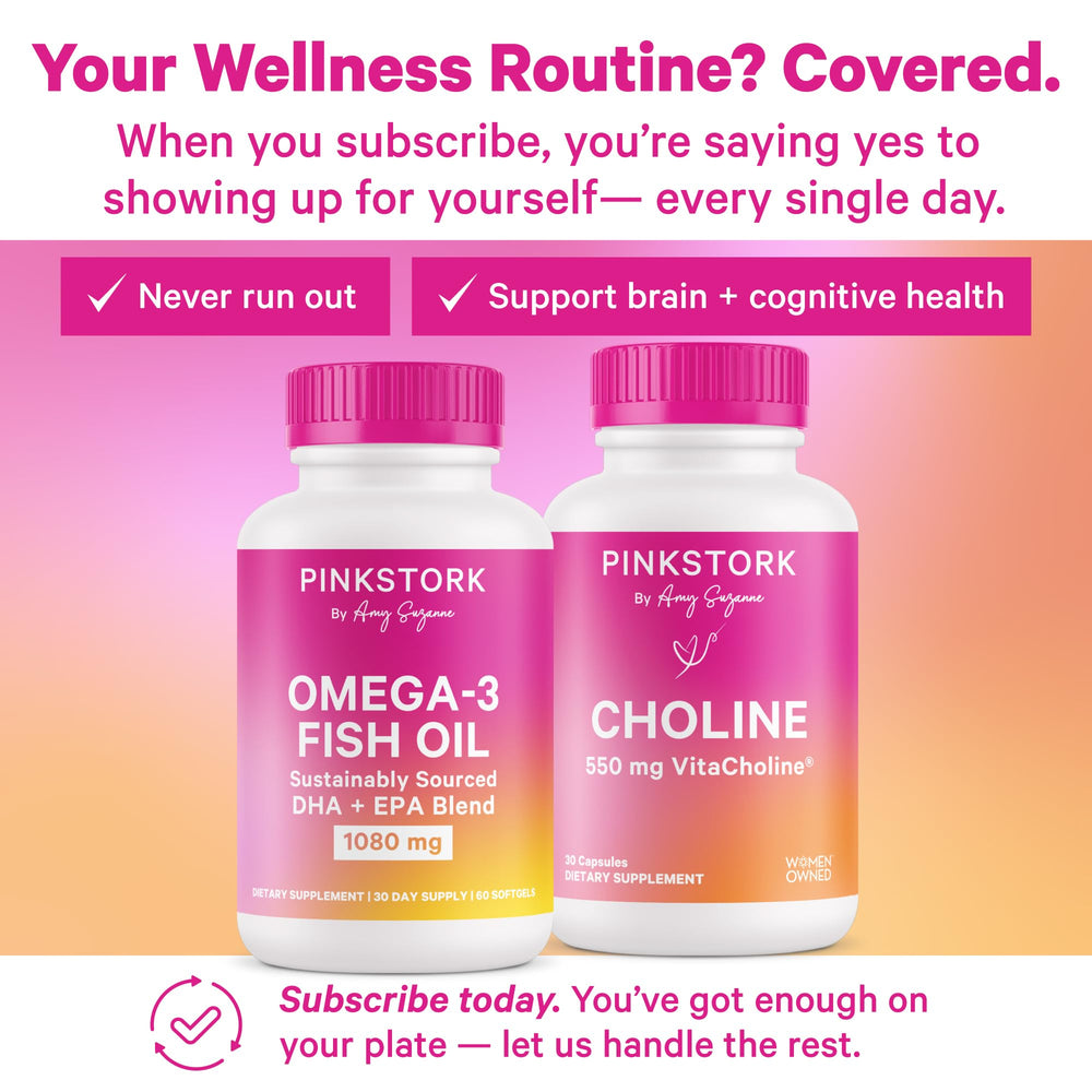 Women-owned Pink Stork brand promoting holistic wellness with Omega-3 for daily use.