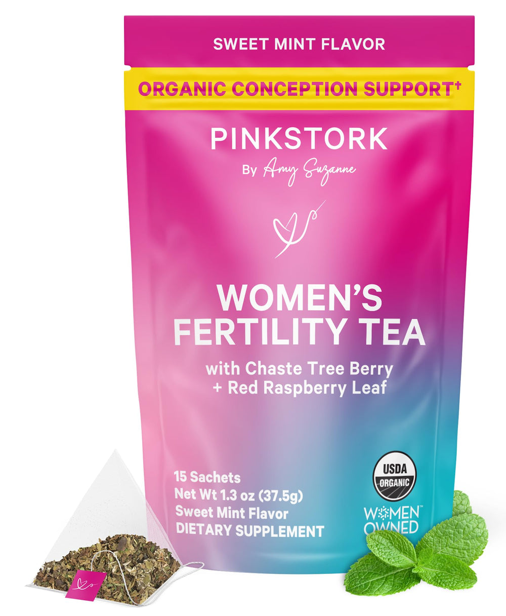 Pink Stork Fertility Tea Sweet Mint packaging shows organic credentials for a clean ritual