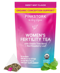 Pink Stork Fertility Tea Sweet Mint packaging shows organic credentials for a clean ritual