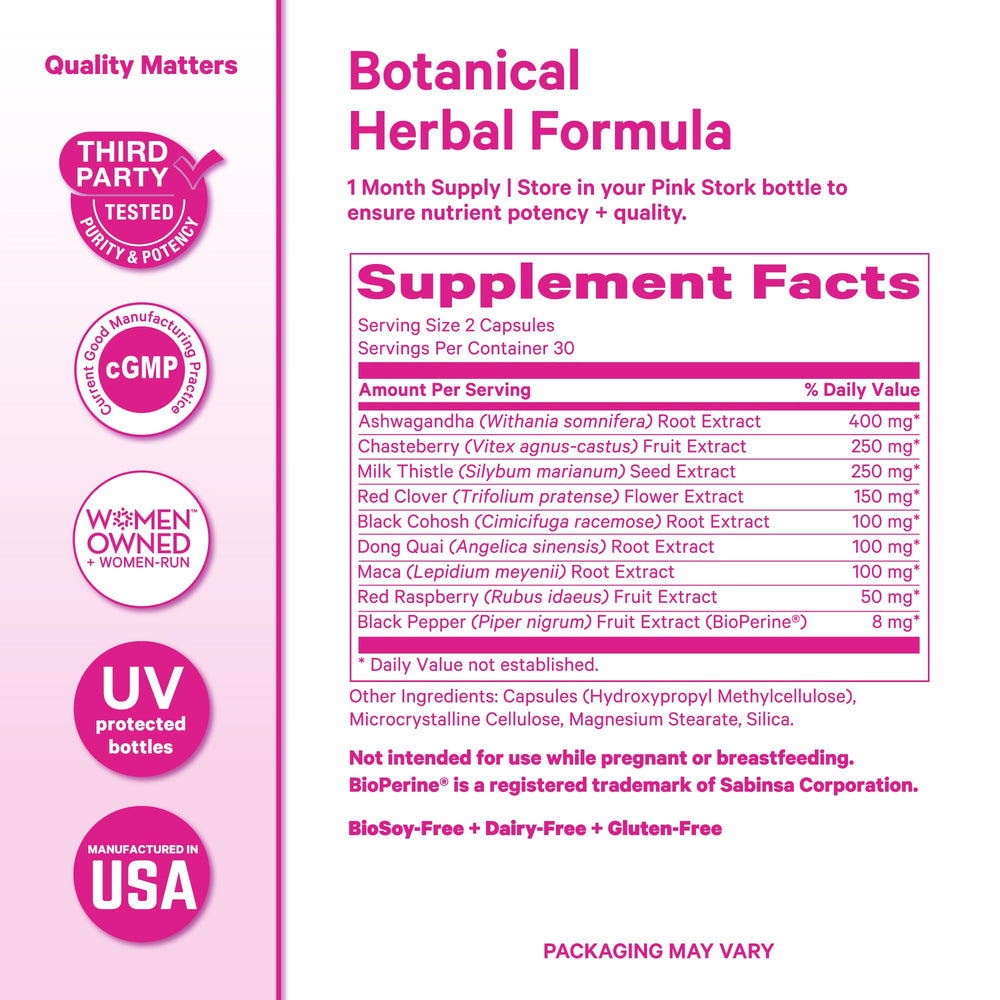 Pink Stork packaging highlighting adaptogens for stress and cortisol support.