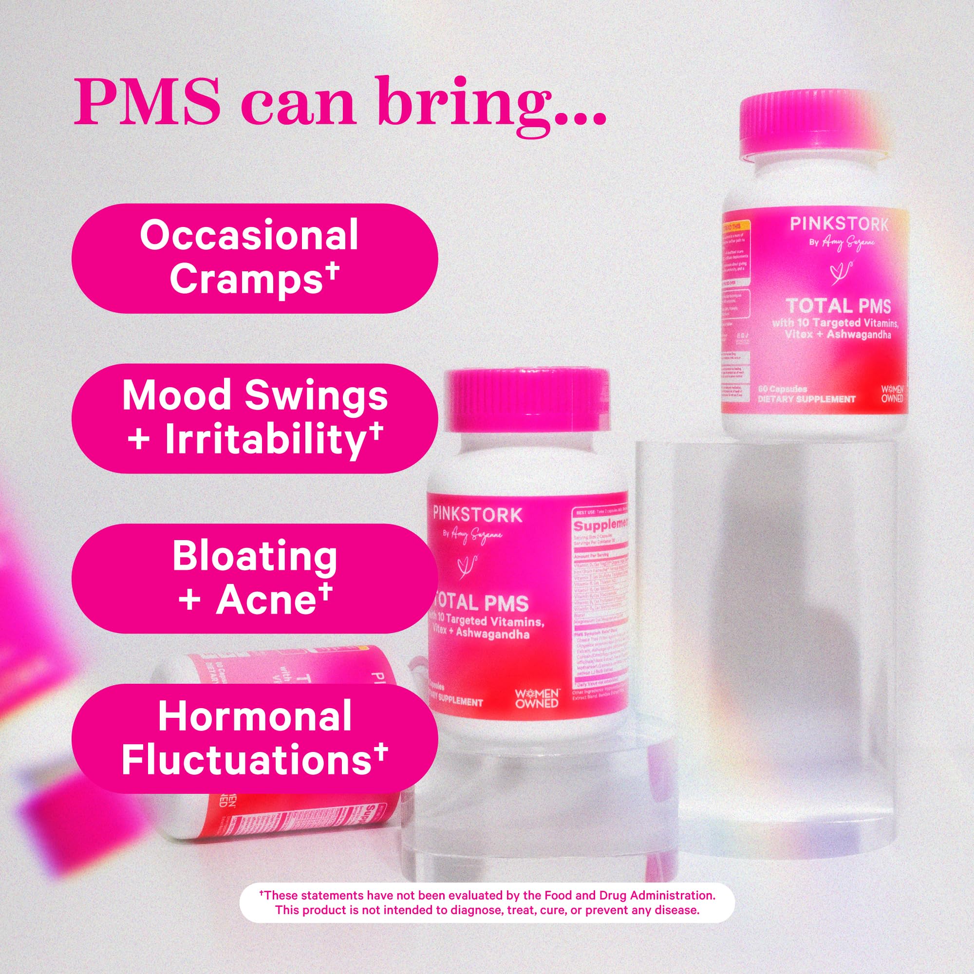 Pink Stork PMS bottle back shows ingredients and usage.