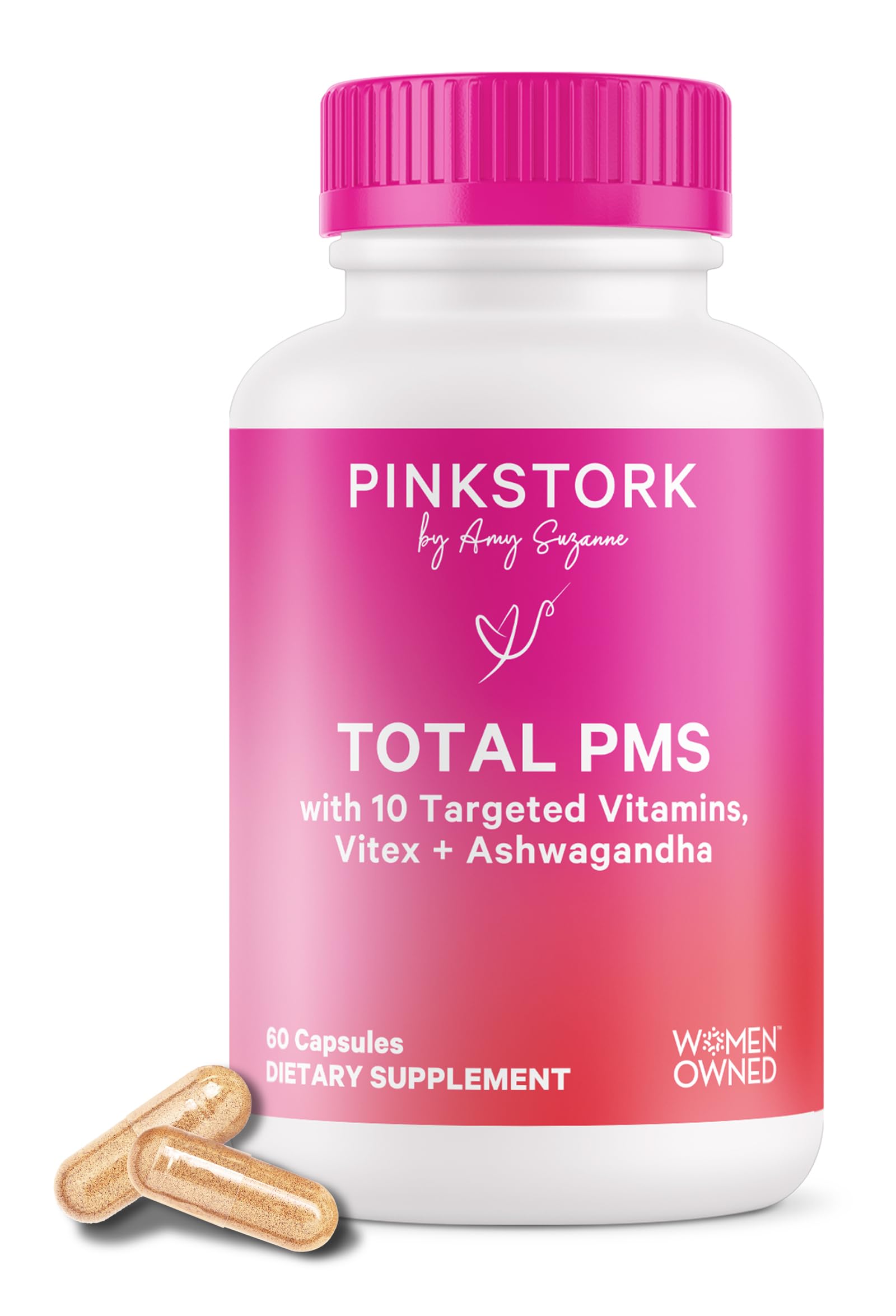 Pink Stork PMS supplement bottle front promotes hormonal balance.