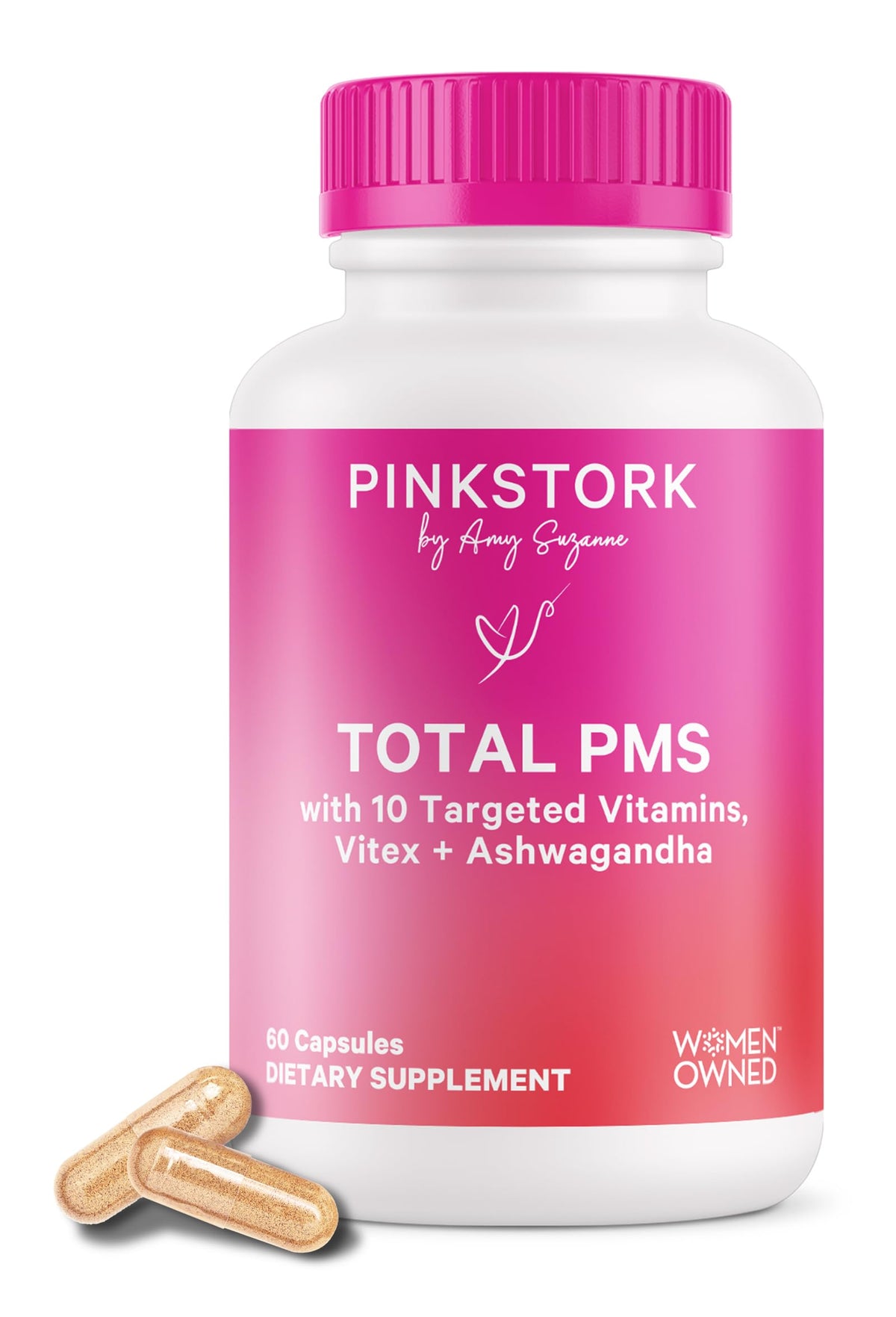 Pink Stork PMS supplement bottle front promotes hormonal balance.