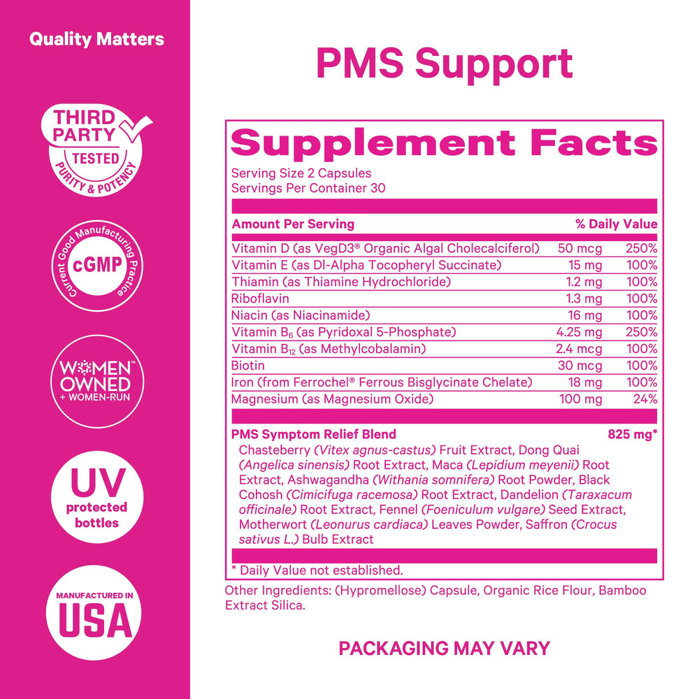 Detail of Pink Stork PMS label highlighting ingredients.