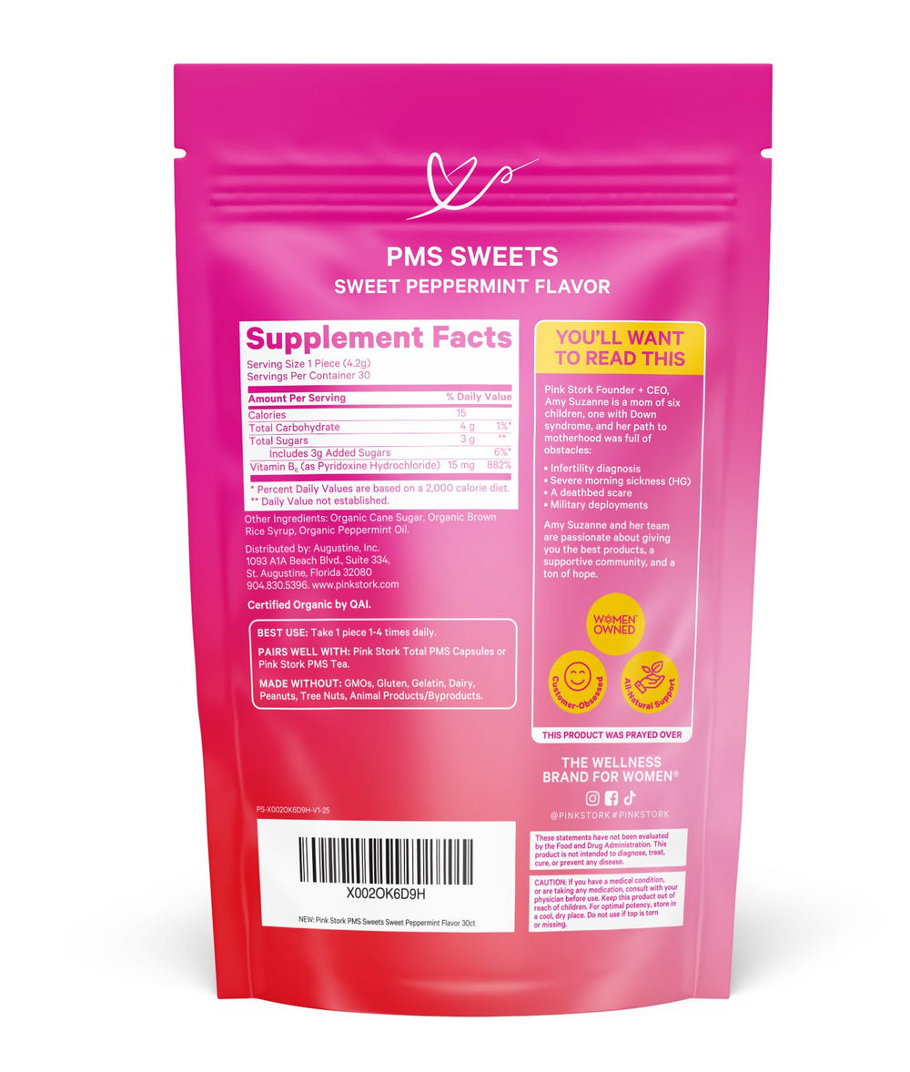 Pink Stork PMS Sweets box showing 15 mg Vitamin B6 per candy