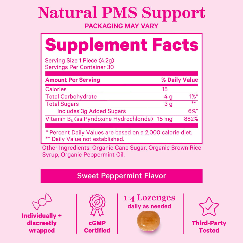 Pink Stork PMS Sweets close-up highlighting peppermint flavor for digestion