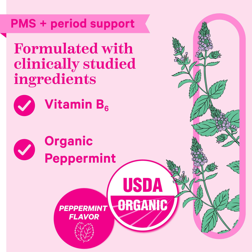 Pink Stork PMS Sweets bottle shows Vitamin B6 and peppermint for mood balance