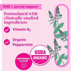 Pink Stork PMS Sweets bottle shows Vitamin B6 and peppermint for mood balance