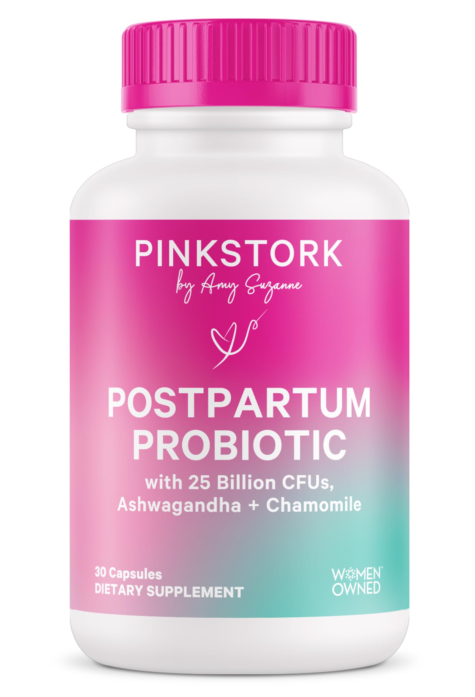 Pink Stork Postnatal Probiotics bottle front view for gut health support