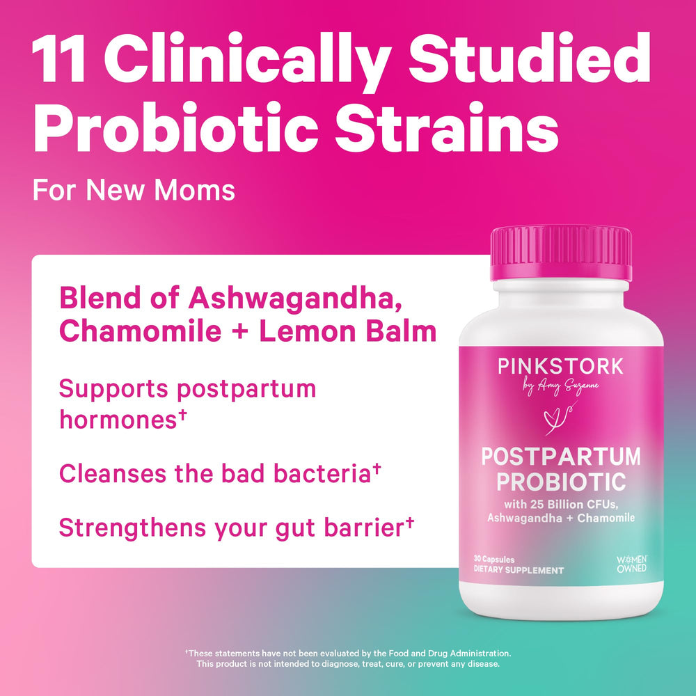Pink Stork Postnatal Probiotics capsule close-up highlights vegan, allergen-free formula