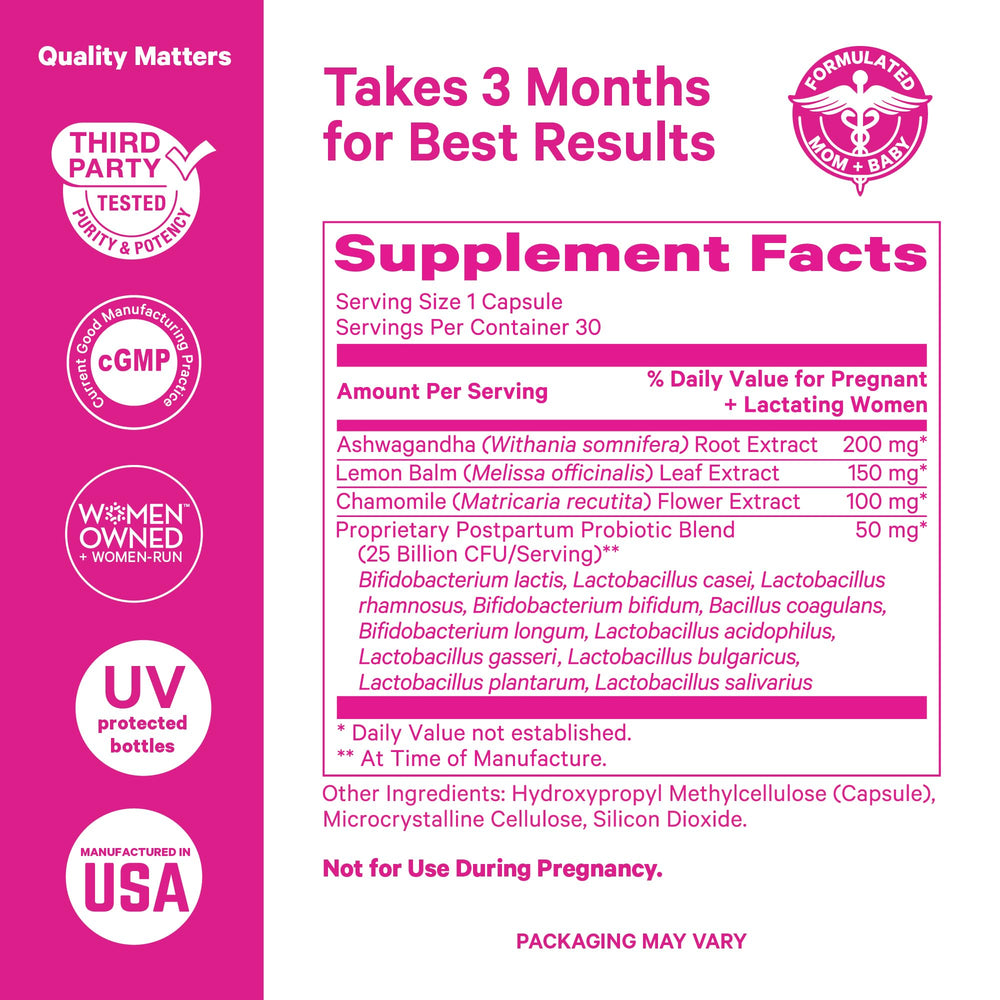 Pink Stork Postnatal Probiotics paired with Total Postnatal Vitamins for complete care