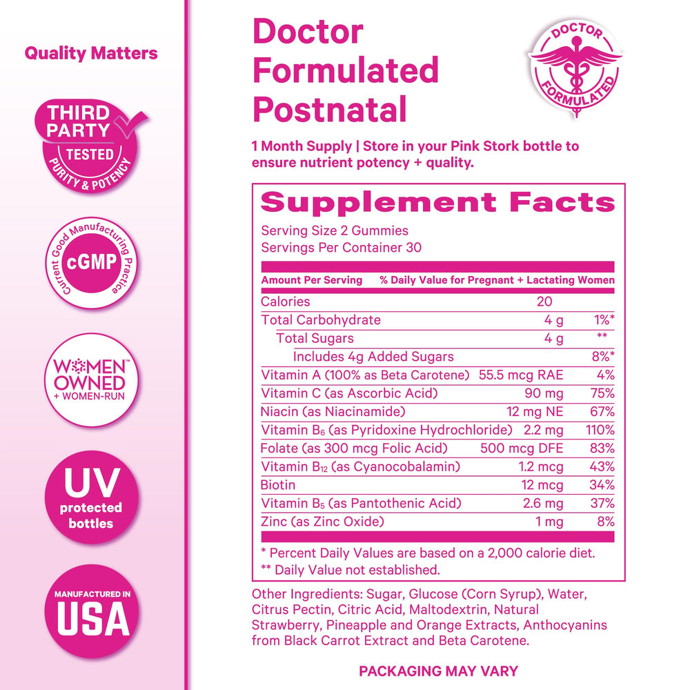 Pink Stork packaging and gummies indicating clean ingredients