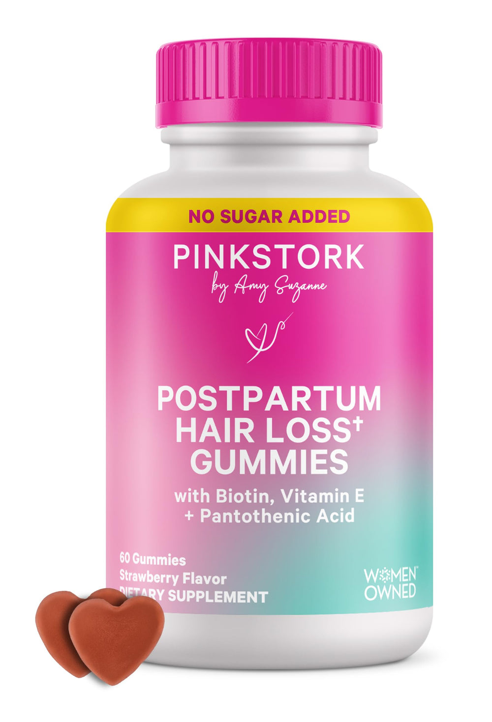 Pink Stork Postpartum Hair Loss Gummies bottle for daily hair nourishment with strawberry flavor
