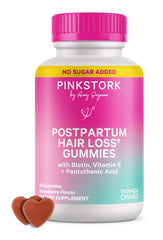 Pink Stork Postpartum Hair Loss Gummies bottle for daily hair nourishment with strawberry flavor